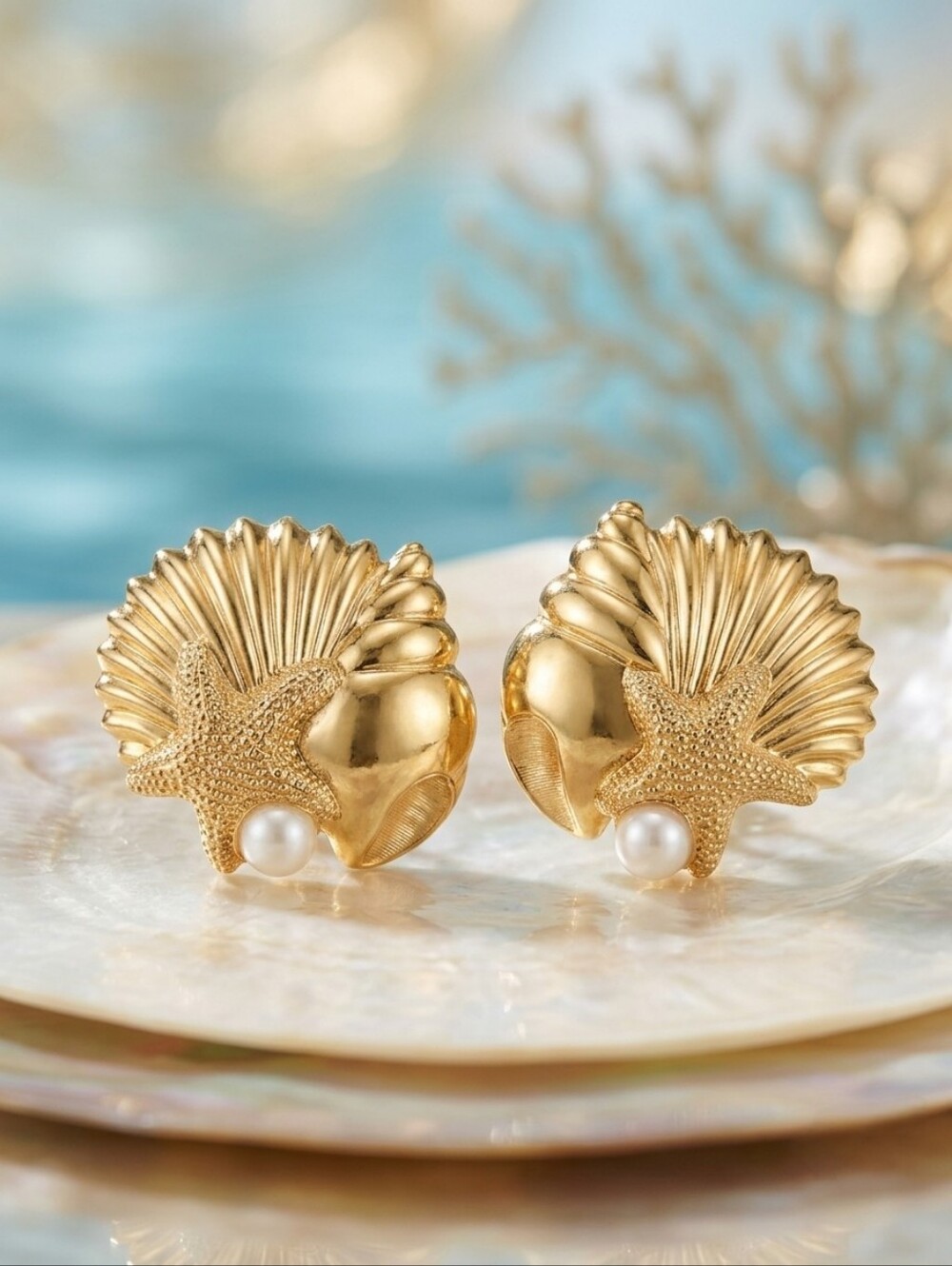 Vintage 1980s Avon Sea Themed Earrings Starfish Shell Faux Pearl Gold Tone
